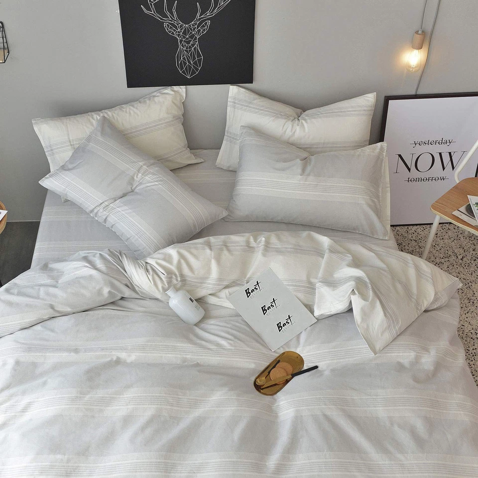 Conjunto de capa de edredom tamanho completo/queen 100% algodão branco/cinza claro estampado listrado... - Imagem 2 de 4