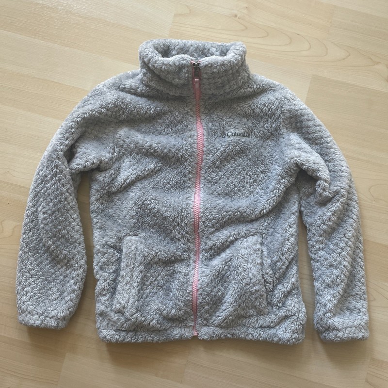Columbia Fire Side Sherpa Jacket Girls Size Small 7/8 Gray With Pink Zipper Nice