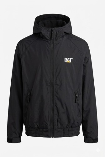 CAT Caterpillar Mens Black Full Zip Nylon Hooded Windbreaker Jacket Size Large