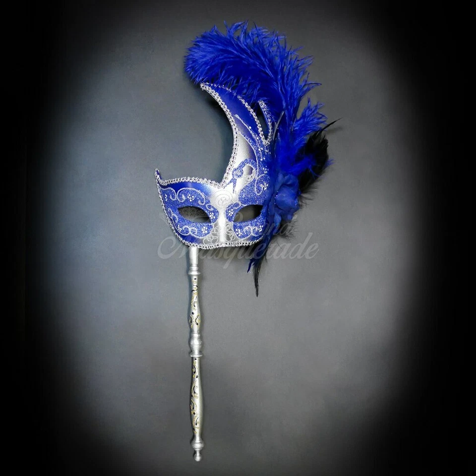 Handheld Stick Mask | Feather Masquerade Mask Blue Silver - Image 3 of 4
