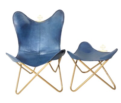 Blue Genuine Buffalo Leather Butterfly Chair Ottoman BKF Lounge Iron Frame Set