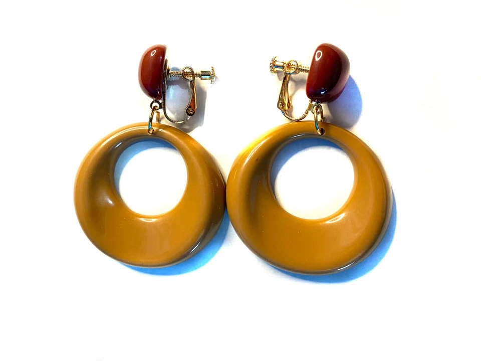 CLIP ON HOOP EARRINGS IVORY AND BROWN OPEN HOOP DANGLE 2 INCH AND 2.25 IN L - Image 2 of 4