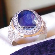 Blue Sapphire Oval Cut Gemstone With 14K Solid White Gold Ring For Men's A266