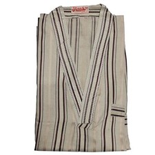 Men Moroccan Short Sleeve V-Neck Beige Multi Stripes Thobe Jubba Kandora