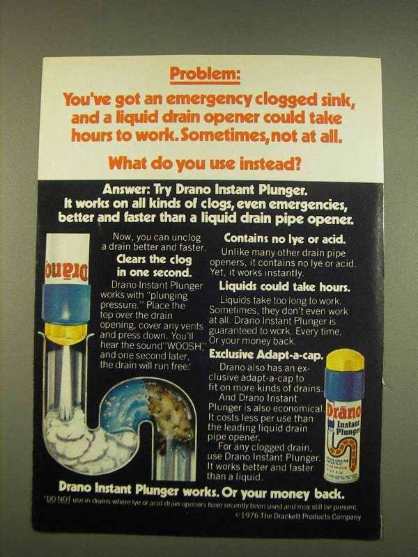 1976 Drano Instant Plunger Ad - Emergency Clogged Sink