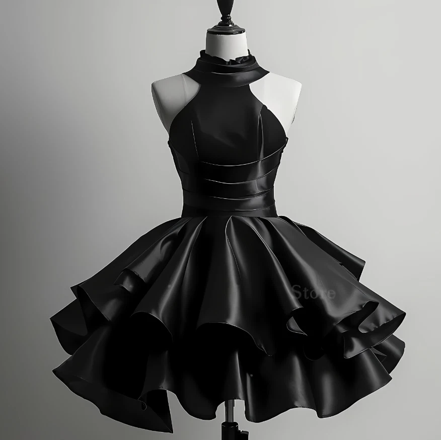 Gothic Black Wedding Dresses Short High Neck Sleeveless Vintage Bridal Gowns - Image 3 of 4