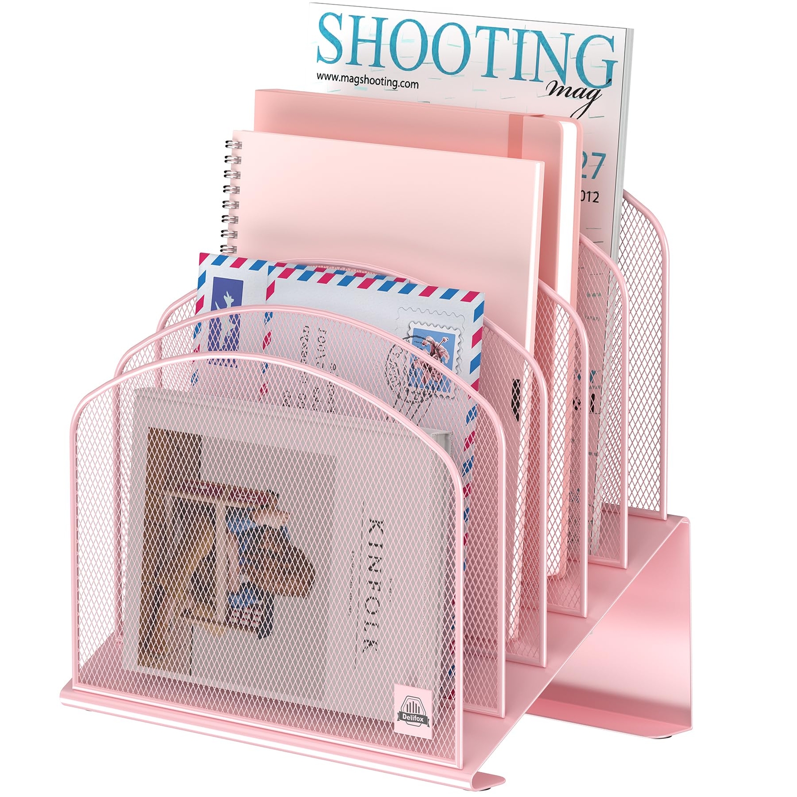 Pink 5-Section Metal Vertical File Organizer for Inclined Desks  -image