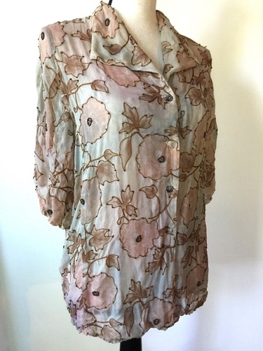 Citron Santa Monica Silk Blouse Beaded Top Sz S Floral Pastel Short Sleeve - Picture 3 of 7