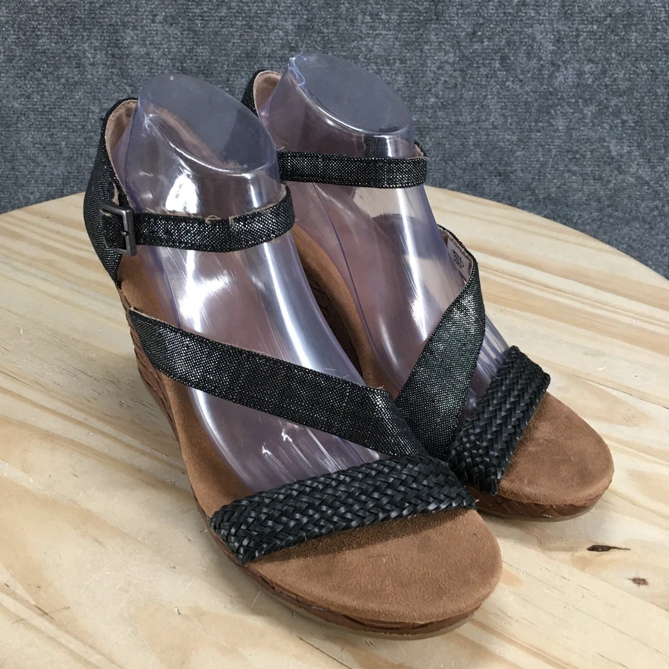 Toms 凉鞋女式 11 Clarissa 绑带黑色扣踝带露趾楔形鞋 — 第 3/4 张图片