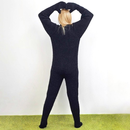 Black catsuit thick fuzzy mohair overall mittens socks separate balaclava, M-L - Picture 6 of 10