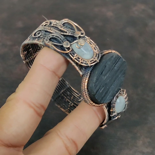 Black Tourmaline Rough Copper Mom Gift Wire Wrapped Adjustable Bangle - Video 1 of 1
