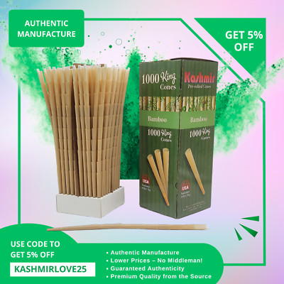 Kashmir Bamboo King Size Pre Rolled Cones 1000 CT Bulk Box Slow Burn-Free Ship