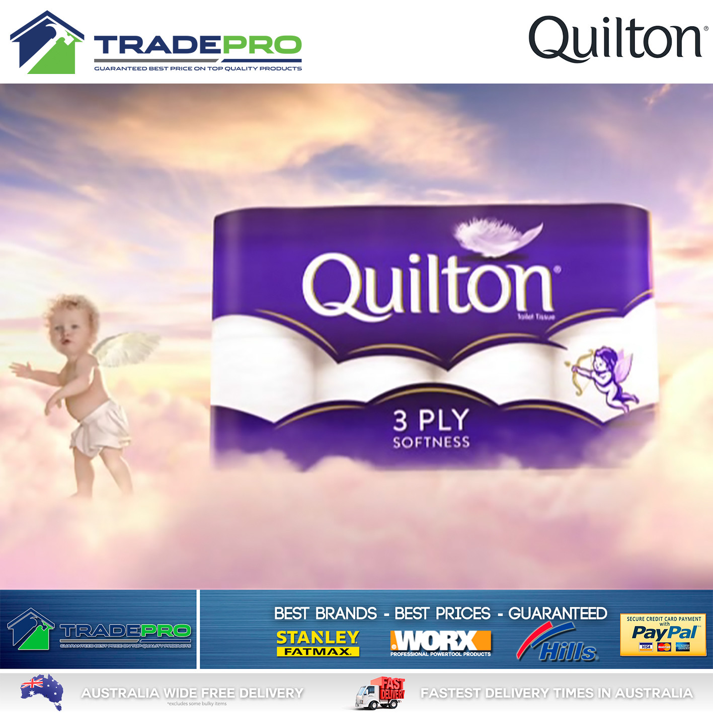 Toilet Paper 18 Rolls Deluxe Quilton 3 Ply White Soft PRO Large Roll