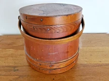 Vintage  Wood Firkin Sugar Bucket Swing Handle & Lid abt 10"H 4 Bands