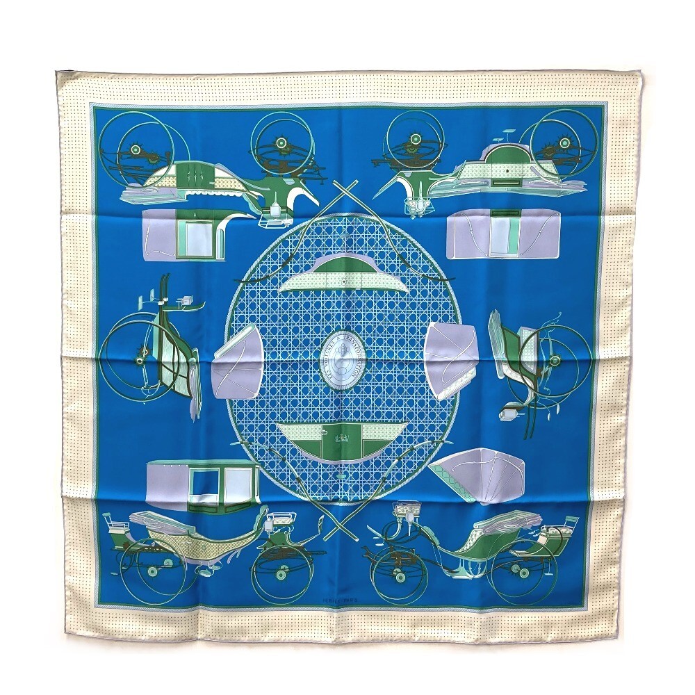 HERMES LA PERRIERE Carriage Carre90 Scarf silk Blue x Green