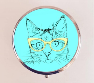 Cat Nerd Pill Box Case Pillbox Holder Trinket Blue Cat Pop Art Quirky Gift