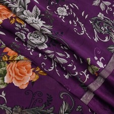 Vintage Purple Saree Pure Crepe Silk Printed Sari Craft Fabric 5yd Sewing Floral