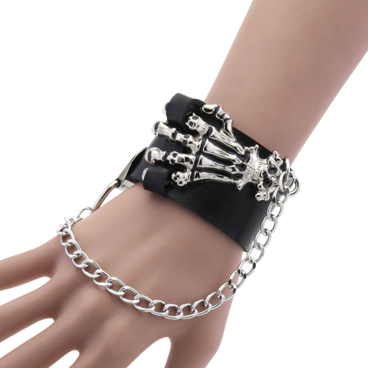 Unique Skeleton Silver Chains PU Leather Bracelet Gothic Steampunk Unique Skeleton Silver Chains PU Leather Bracelet Gothic Steampunk