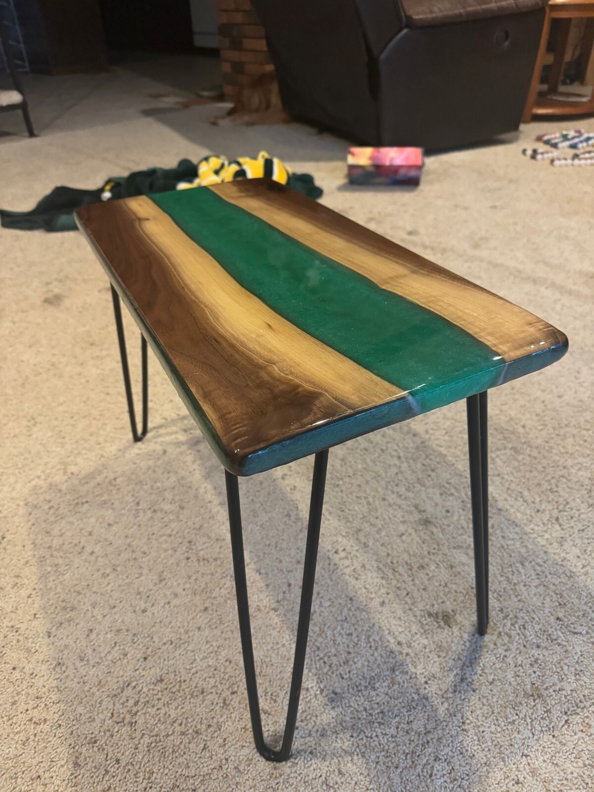 Live Edge wood and epoxy-Black Walnut with Green Sparkle Epoxy Table-image