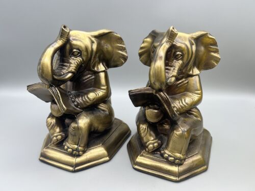 Vintage 1970s SCC Elephants Reading a Book Pair Bookends Metal Brass - Picture 1 of 8