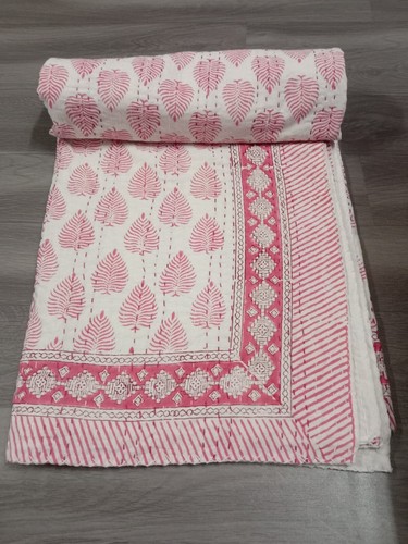 Indian Beautiful Leaf Handmade Block Print Kantha Quilt Pink Leaf Bedding Throw - 第 1/4 張圖片