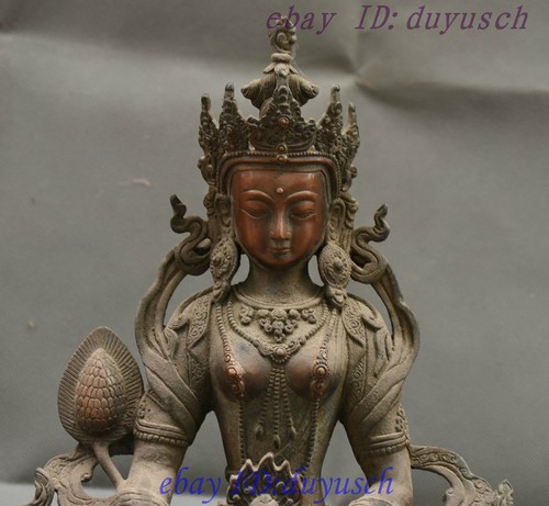 12" Collect Tibetan Buddhism Bronze Tara GuanYin Kwan-yin Goddess Buddha Statue - Picture 2 of 12