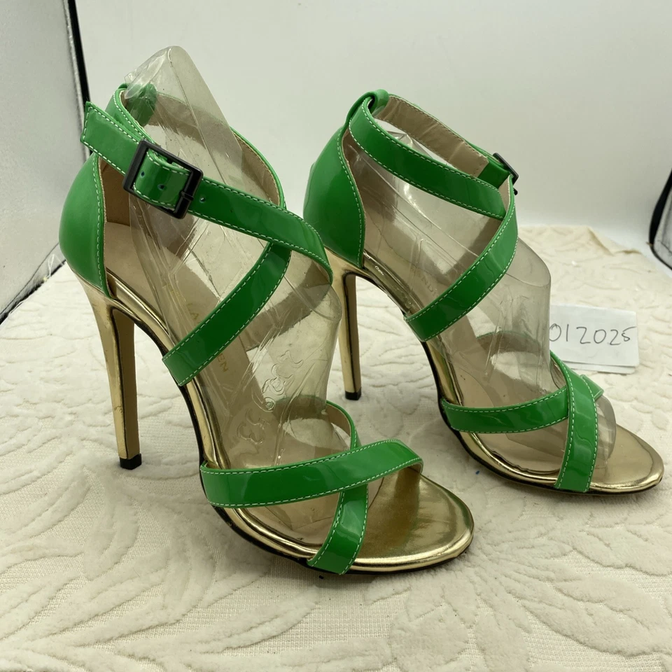 Loslandifen💗Sexy Zapatos de Tacón Alto Verde Lima y Dorado Doble Cruzada 4.25"💗Talla 6 Foto 4 de 4