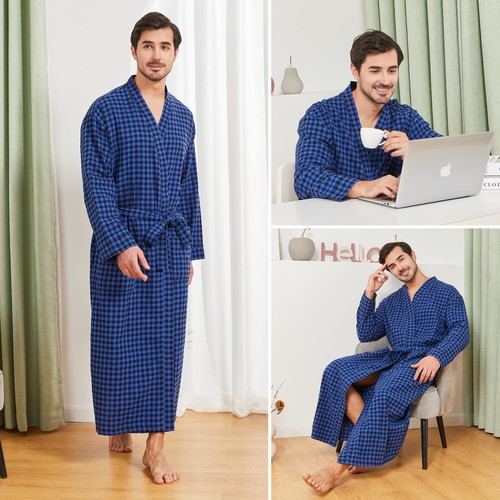 Mens Plaid 100%Cotton Flannel Shawl Collar FullLength Robe S-M Black/Blue - Picture 2 of 6