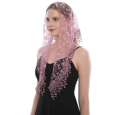 LMVERNA Triangle Lace Mantilla Veil Tulle Scarf Covering Meduim, Skin Pink