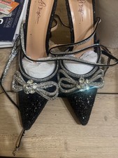 Women Black Rhinestones Sparkly BlingQueen High Heel Pointed Toe Shoe