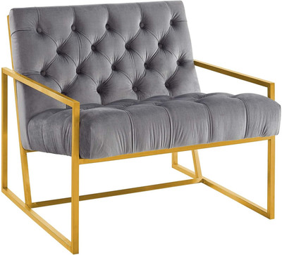 Velvet Accent Lounge Chair with Gold Frame - Gray Upholstery