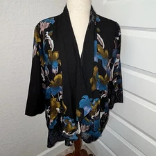 Citron Santa Monica Floral Print Kimono Open Front Cardigan Silk Top  Size 2X