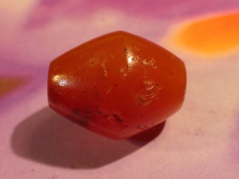 ANCIENT WESTERN ASIA N. AFRICA PATINIZED ORANGE AGATE BICONE BEAD 18.0-14.4MM
