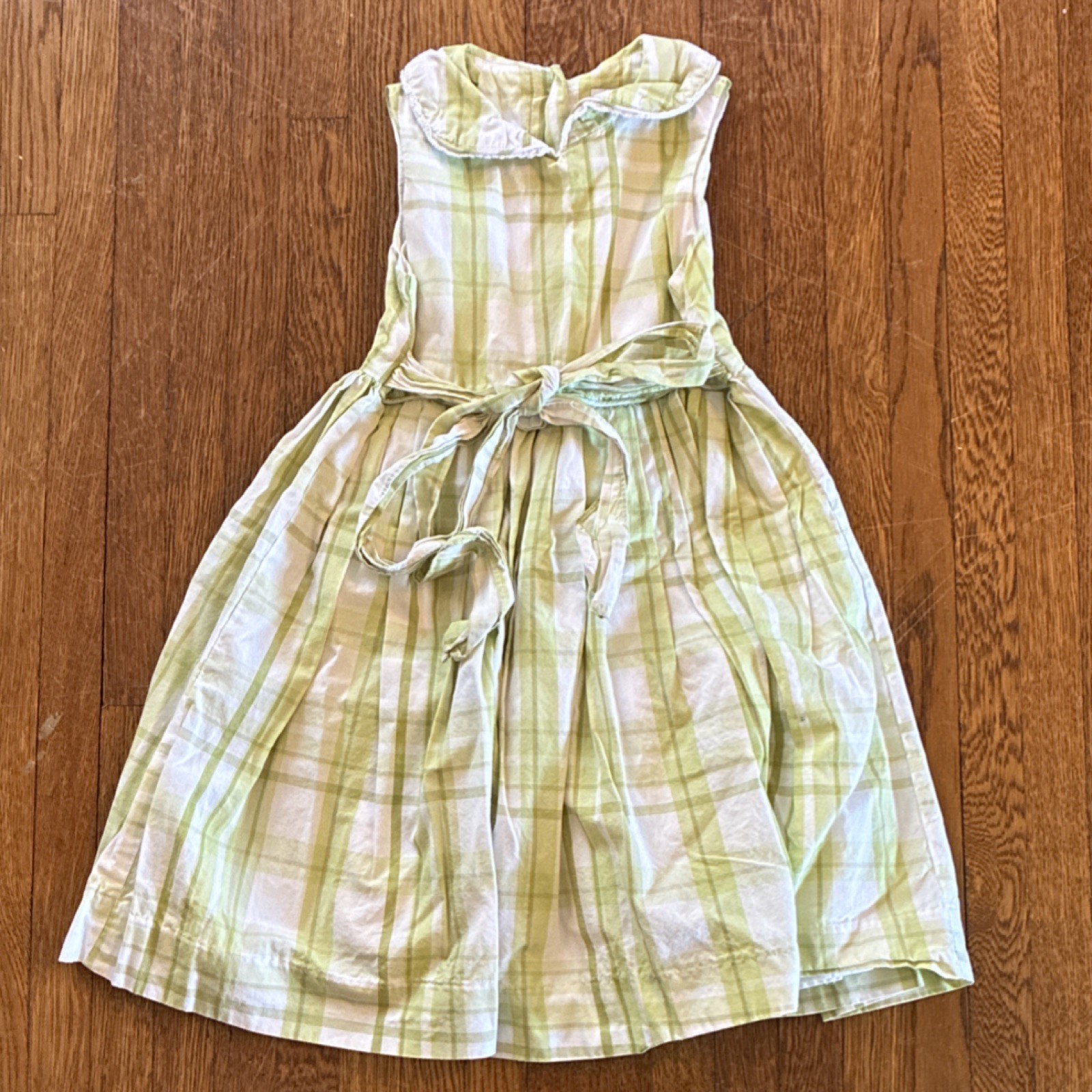 Polly & Friends Girls A-Line Dress Green Plaid Sleeveless Collared Bow Button 5