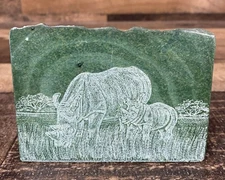 Vintage 90s ETCHED RHINOCEROS Artist Signed Verdite Stone Africa Rhino Art