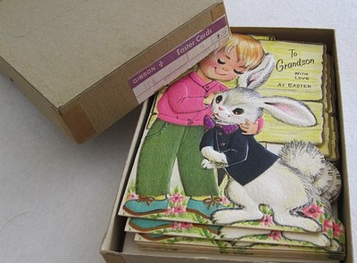 Vintage Lot 10 Easter Greeting Cards 1950's Orig Box Embossed Bunny & Boy Gibson