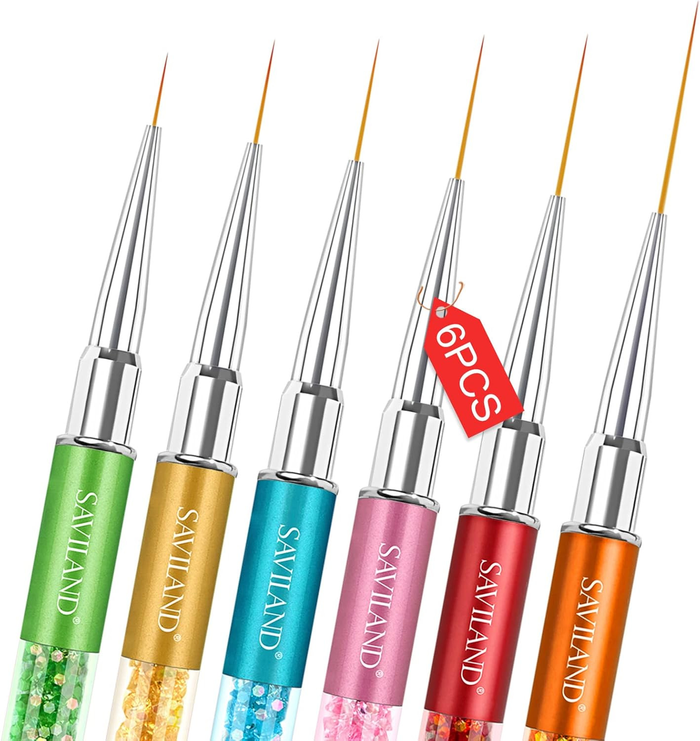 6Pcs Nail Art Liner Brushes, Crushed Diamond Rhinestone Handle, Fine Tip for Gel