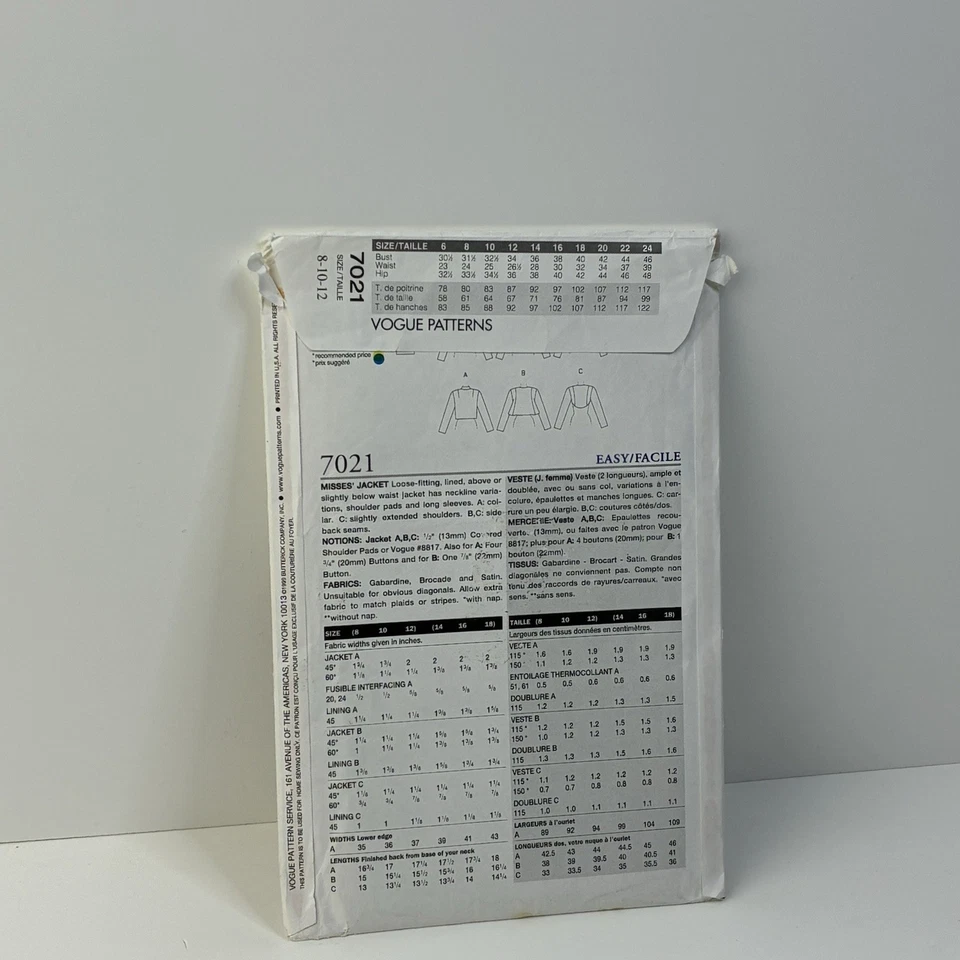 Chaqueta Forrada Talla 8-12 Suelta Cuello Debajo de la Cintura Sin Cortar Patrón 7021 Vintage Años 90 Foto 2 de 2