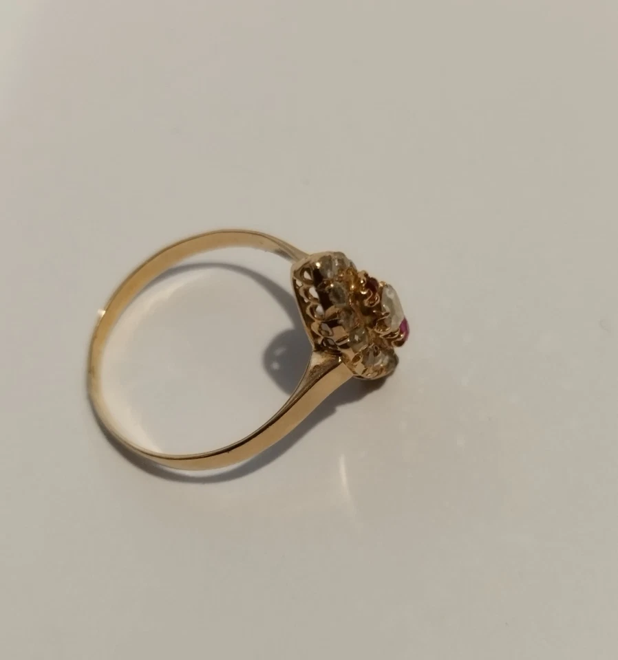 BAGUE OR JAUNE  18 CARATS  MARQUISE DIAMANTS ANCIENS ET RUBIS TDD 51 - Photo 2/4