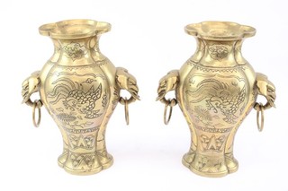 Chinese Brass Vase Pair Early 20th Century w/ Etching & Beast Head Handles 3329g