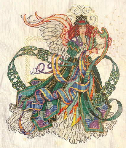 Celtic Angel Completed Cross Stitch Red Head Beauty Harp Green Gown Arts Crafts