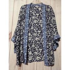 Westport Women 1X Navy Blue Floral Kimono Cardigan Pom Pom Trim Rayon Wrap Boho