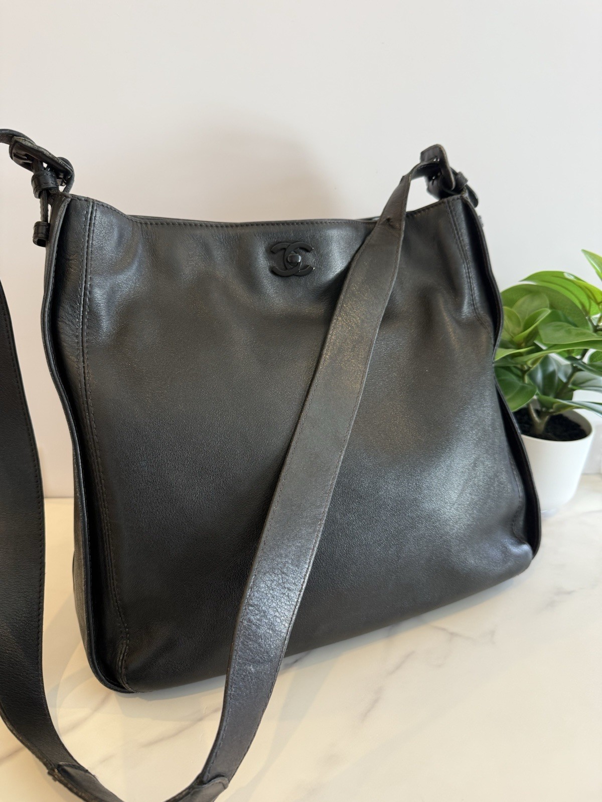 CHANEL Messenger Bag Black Leather