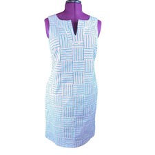 Talbots Quited Patchwork Dress Pink Blue White Size 8 100% Cotton Nautical