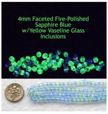 50 - 4mm Czech SAPPHIRE BLUE & VASELINE/URANIUM GLASS Facet Fire-Polished Beads