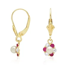 Genuine Pearl CZ 14K Yellow Gold Flower Leverback Earrings