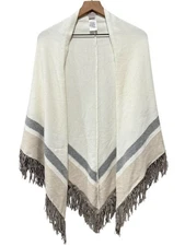 Chicos Poncho Wrap Shawl Cape One Size Faux Suede Fringe Ivory Gray Stripe Open