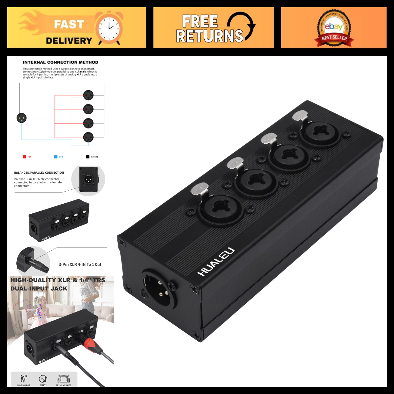4-Way 3Pin XLR Male to 4 Female Splitter Adapter, 1/4" TRS & XLR Input Converter