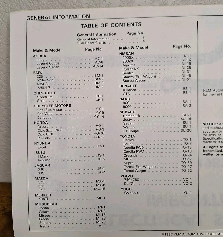 KLM 1987 Guía de servicio eléctrico Coches importados RX7 Mazda Honda CRX Nissan Acura Foto 3 de 4