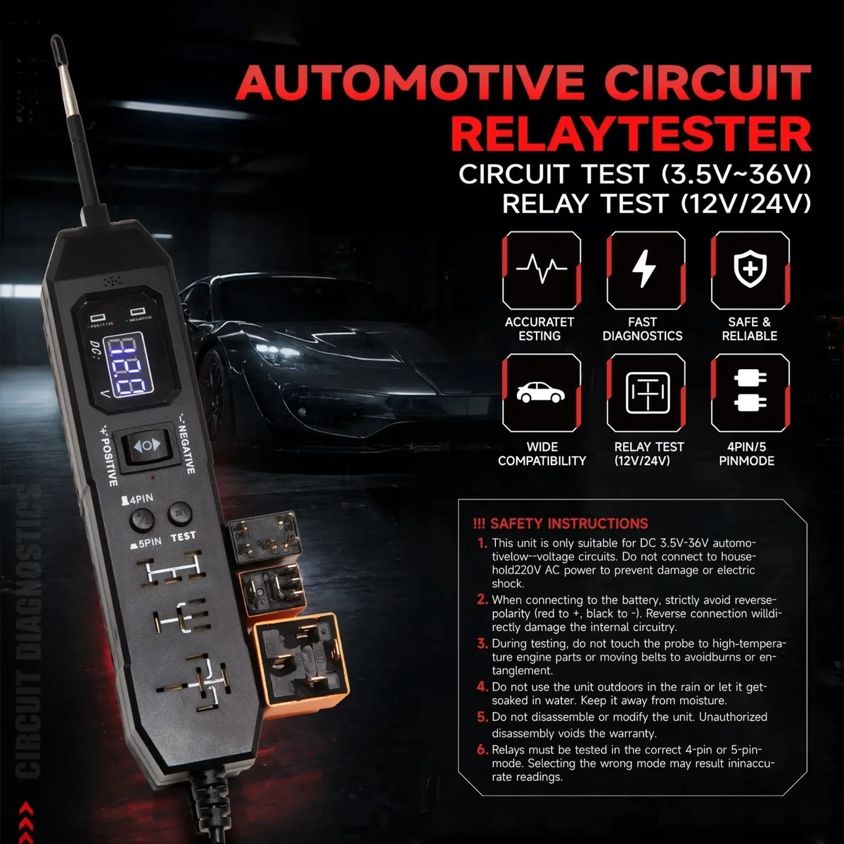 Probador de relés de circuito DW833 actualizado 3-36V 4/5 pines con luz de trabajo LED